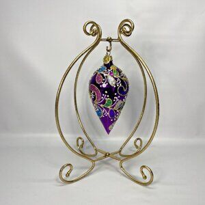 Vintage Pier1 Purple Designed Hand-Blown Glass Teardrop Ornament W/ Hanging Base
